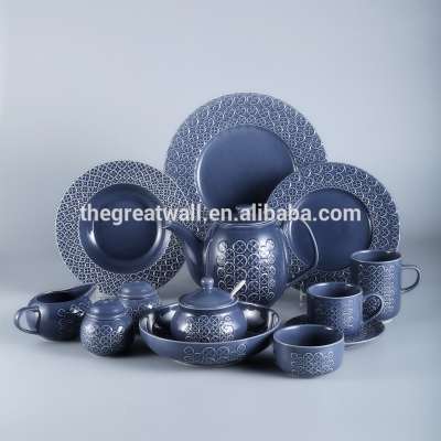 Stock of 45pcs embossed round dark blue glazed ceramic dinner set