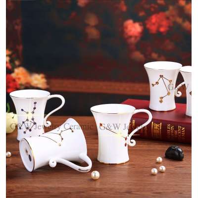 Afternoon scene G&W ODM birthday gift for 12 constellation custom ceramic mug with 100% real diamond from Swarovski on handle