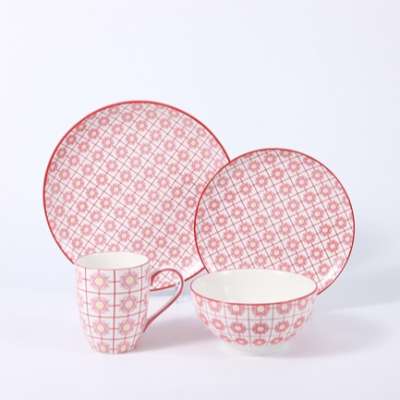 16ps Fresh pastoral style red decal flower pattern  ceramic tableware set for daily use and hotel